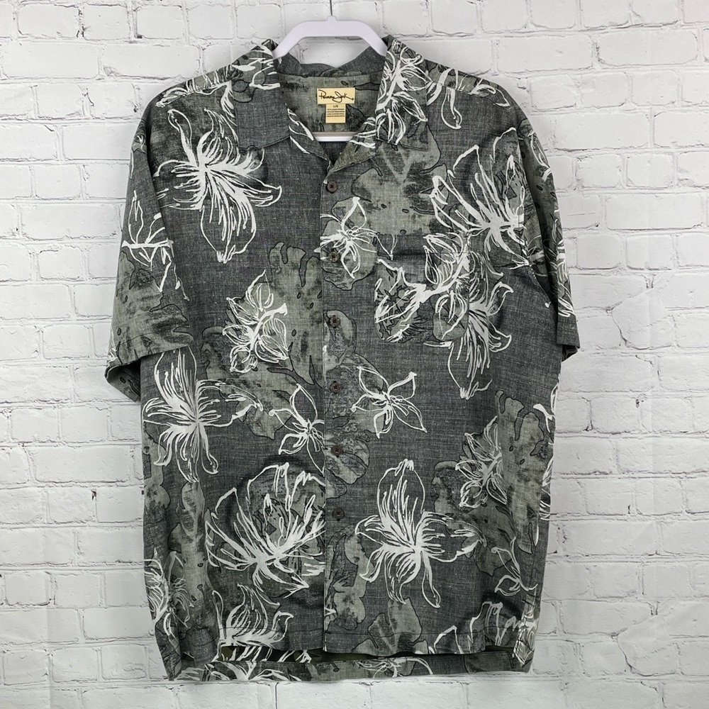 Panama Jack Hawaiian Button Up Shirt Mens Large Gray Floral Short Sleeve